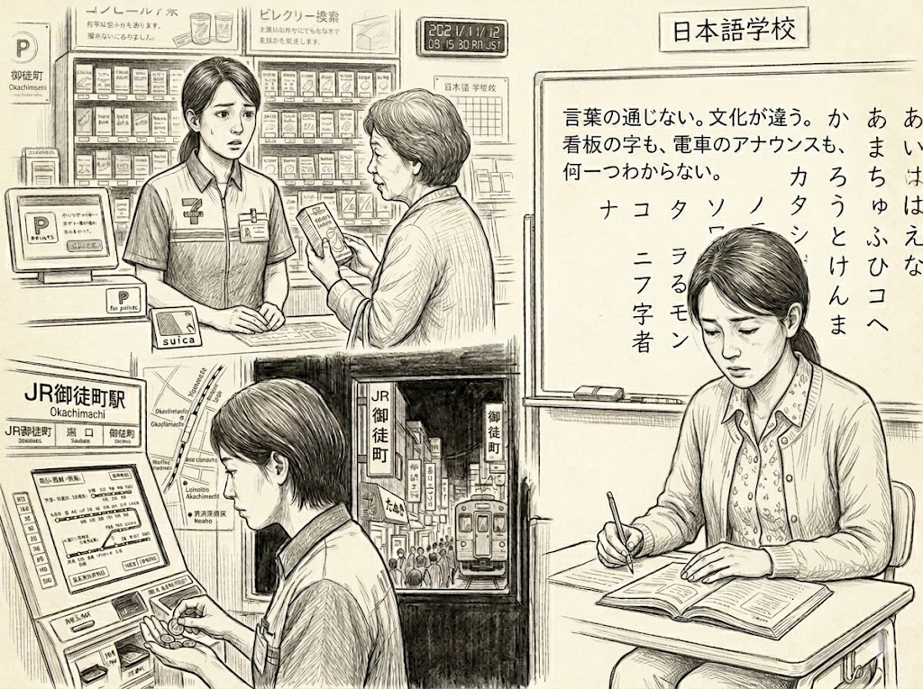 日本・東京に到着した孤独な若い女性