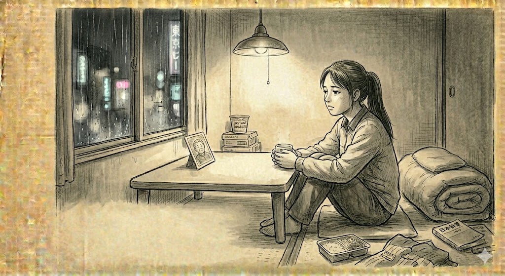 東京の小さな部屋で一人泣く夜